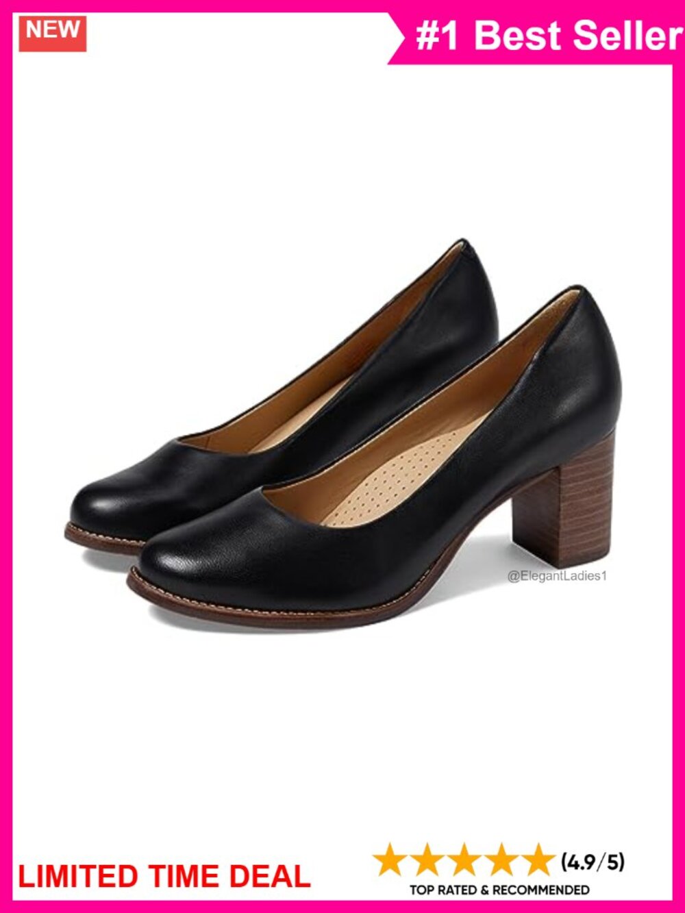 Leather Round-Toe Pumps Block Heel Slip-On Comfortable Durable